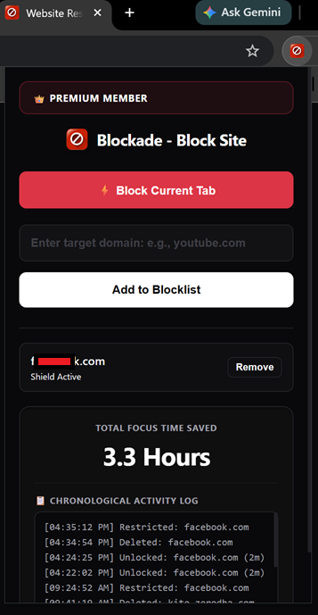 Blockade Premium Control Panel Popup